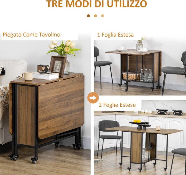 HOMCOM Tavolo Pieghevole con 6 Ruote e Mensola Stile Industriale in Legno e Metallo, Marrone Chiaro|Aosom