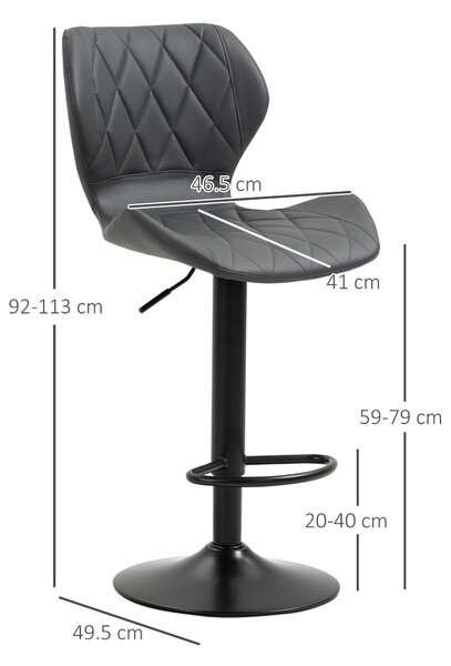 HOMCOM Set 2 Sgabelli Alti da Bar e Cucina in Similpelle, Altezza Regolabile, Schienale, Poggiapiedi e Ampia Base Tonda in Metallo, Grigio | Aosom