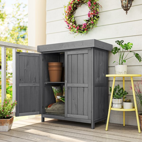 Outsunny Casetta da Giardino con Tetto apribile, Armadio a 2 Ripiani in Legno di Abete,74x43x88 cm, Grigio Scuro | Aosom Italy