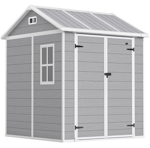 Outsunny Casetta da Giardino con Pavimento, Capanno porta Attrezzi in Resina 2 Porte con Blocco e Finestra, 1.8x1.8m, Grigio | Aosom Italy