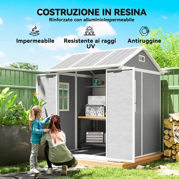 Outsunny Casetta da Giardino con Pavimento, Capanno porta Attrezzi in Resina 2 Porte con Blocco e Finestra, 1.8x1.8m, Grigio | Aosom Italy