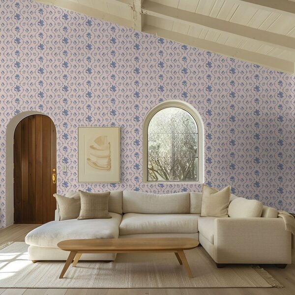 Carta da parati Piccoli fiori e nastri nei toni del blu e del rosa, Parati fiori e piante classici, a00808v3 : Uwalls.it