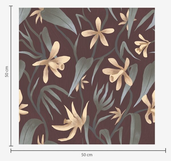 Carta da parati Fiori color crema con foglie grigie su sfondo bordeaux, Parati fiori e piante classici, a00833 : Uwalls.it