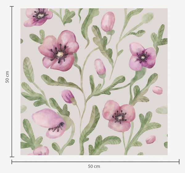 Carta da parati Delicati papaveri rosa con foglie realizzati con la tecnica dell'acquerello, Parati fiori e piante classici, a00830 : Uwalls.it