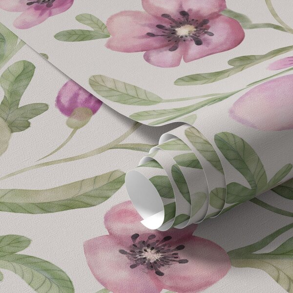 Carta da parati Delicati papaveri rosa con foglie realizzati con la tecnica dell'acquerello, Parati fiori e piante classici, a00830 : Uwalls.it
