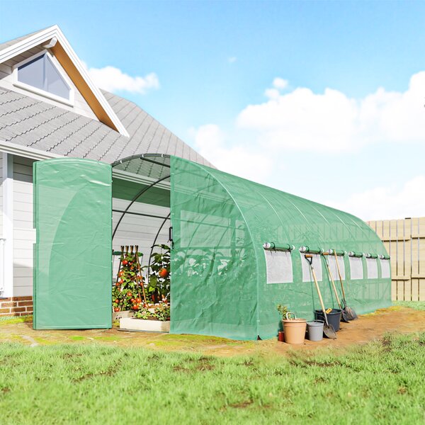 Outsunny Serra a Tunnel 6x3x2 m con Porta a Battente 12 Finestre con Zanzariera e Struttura in Acciaio Zincato Verde | Aosom Italy