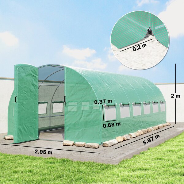Outsunny Serra a Tunnel 6x3x2 m con Porta a Battente 12 Finestre con Zanzariera e Struttura in Acciaio Zincato Verde | Aosom Italy