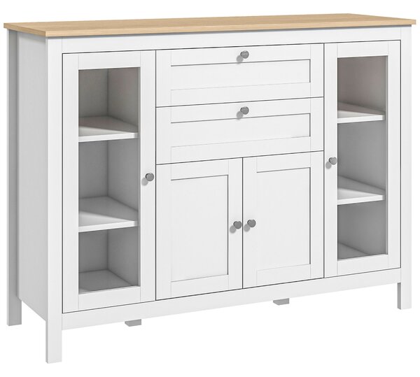 Mobile Cucina Credenza 120x40x90 cm con 2 Cassetti e 3 Armadietti Ante in Vetro Bianco e Rovere