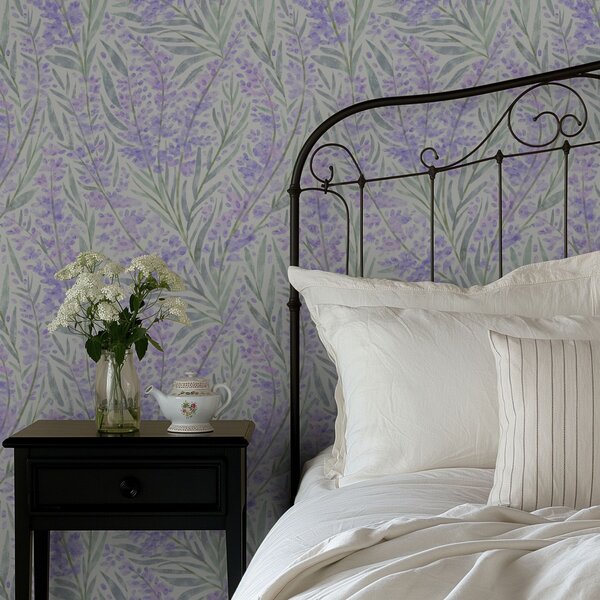 Carta da parati Rami di lavanda nei toni del viola su sfondo chiaro, Parati fiori e piante classici, a00835 : Uwalls.it