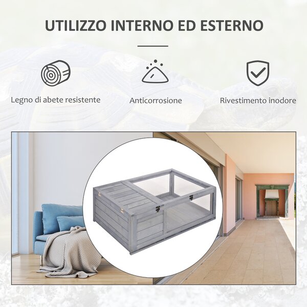 PawHut Casa recinto gabbia abitazione con 2 spazi per piccolo animale tartarughe, in legno massello, 91x60,5x32 cm, grigio | Aosom Italy