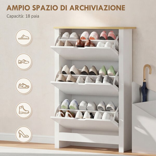 HOMCOM Scarpiera Slim per 18 Paia di Scarpe, 3 Cassetti con 2 Ripiani Regolabili e Rimovibili, 72x26x112 cm, Bianco | Aosom Italy