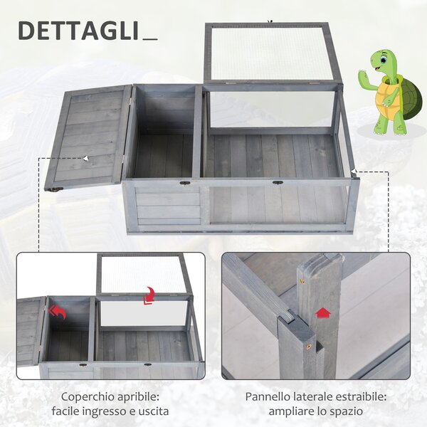 PawHut Casa recinto gabbia abitazione con 2 spazi per piccolo animale tartarughe, in legno massello, 91x60,5x32 cm, grigio | Aosom Italy