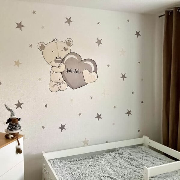 Adesivi murali per bambini - Orso con cuore marrone e nome
