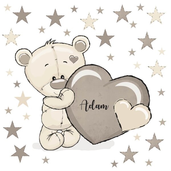 Adesivi murali per bambini - Orso con cuore marrone e nome