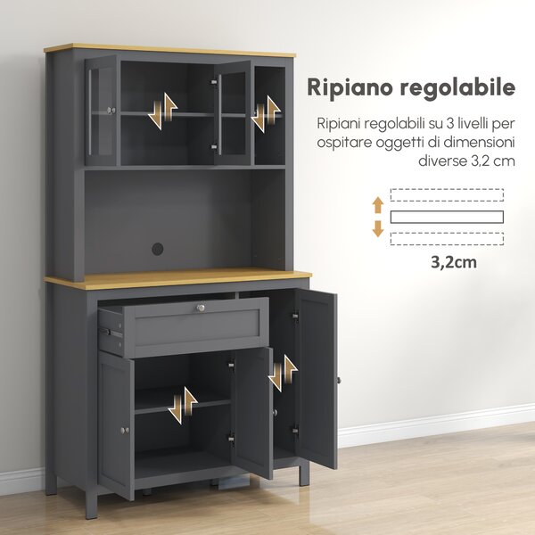 HOMCOM Armadio da cucina a 5 ante, buffet con 2 vetrate e 1 cassetto, 1 nicchia centrale e altezza 180cm, grigio | Aosom Italy