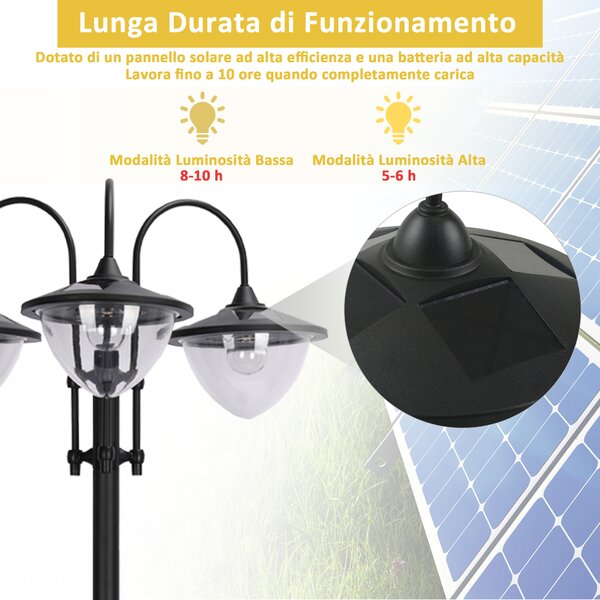 Outsunny Lampione Intelligente a Pannelli Solari con 3 Lampade Led, 3 livelli e Accensione Automatica, 60x55x189 cm, Nero | Aosom Italy