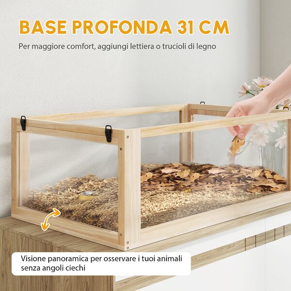 PawHut Gabbia per criceti a 3 livelli con fondo removibile e altalena, altalena, rampe e cuccia, 80x50x76cm, Legno naturale | Aosom Italy