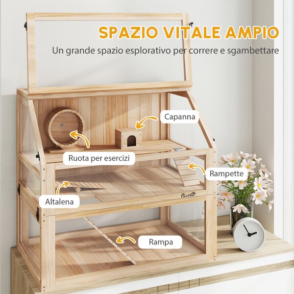 PawHut Gabbia per criceti a 3 livelli con fondo removibile e altalena, altalena, rampe e cuccia, 80x50x76cm, Legno naturale | Aosom Italy