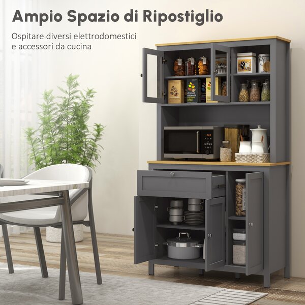 HOMCOM Armadio da cucina a 5 ante, buffet con 2 vetrate e 1 cassetto, 1 nicchia centrale e altezza 180cm, grigio | Aosom Italy