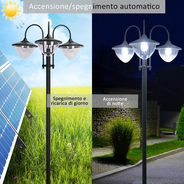 Outsunny Lampione Intelligente a Pannelli Solari con 3 Lampade Led, 3 livelli e Accensione Automatica, 60x55x189 cm, Nero | Aosom Italy