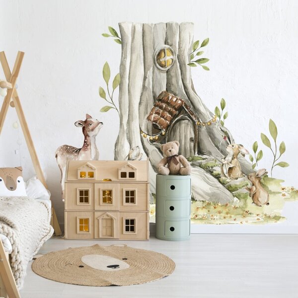 Adesivo murale Woodland - Albero, casa e animali della foresta