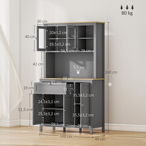 HOMCOM Armadio da cucina a 5 ante, buffet con 2 vetrate e 1 cassetto, 1 nicchia centrale e altezza 180cm, grigio | Aosom Italy
