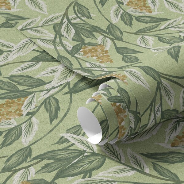 Carta da parati Rami con grappoli di bacche su sfondo verde, Parati fiori e piante classici, a00734 : Uwalls.it