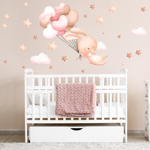 Adesivi murali tessili - Coniglietto volante con palloncini - Rosa