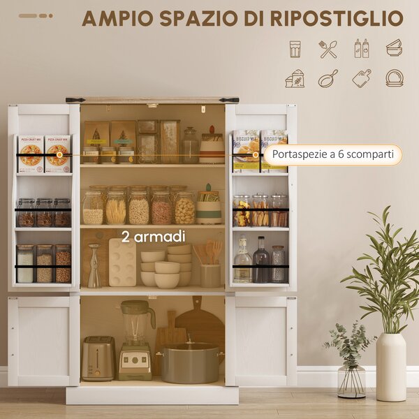 HOMCOM Credenza da cucina, armadio da cucina con 4 ante, 6 portaspezie e ripiani regolabili, 76,3 x 40 x 136 cm, bianco | Aosom Italy
