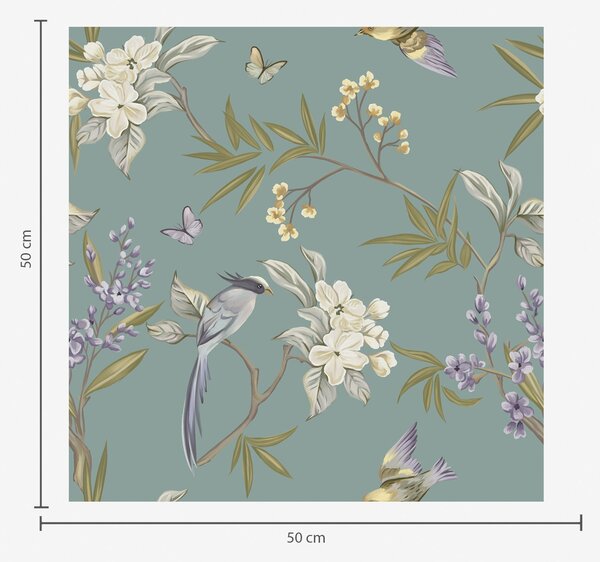Carta da parati Uccelli, fiori e farfalle su sfondo grigio-blu, Parati fiori e piante classici, a00735 : Uwalls.it