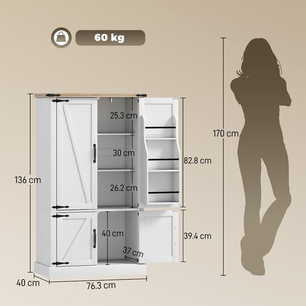 HOMCOM Credenza da cucina, armadio da cucina con 4 ante, 6 portaspezie e ripiani regolabili, 76,3 x 40 x 136 cm, bianco | Aosom Italy
