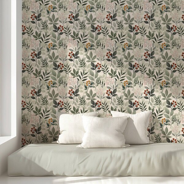 Carta da parati Foglie con bacche, sfondo chiaro, Parati fiori e piante classici, a00713 : Uwalls.it