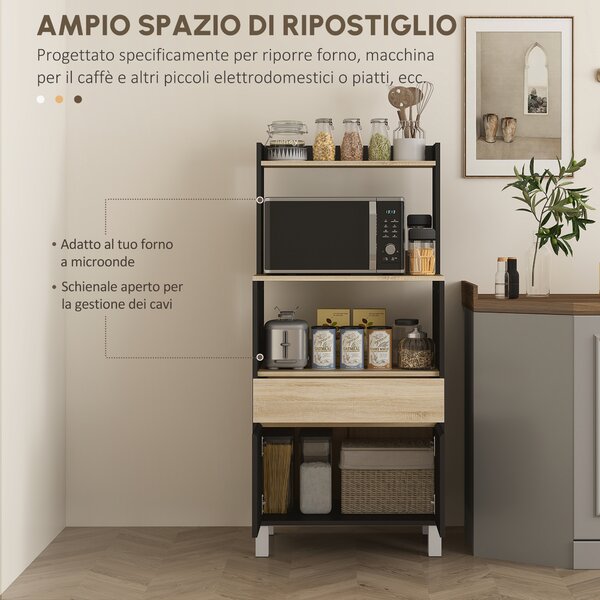HOMCOM Mobile porta microonde con armadio, cassetto e mensola superiore, Buffet da cucina, 60 x 40 x 131 cm, Quercia e nero | Aosom Italy