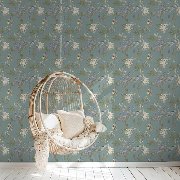 Carta da parati Uccelli, fiori e farfalle su sfondo grigio-blu, Parati fiori e piante classici, a00735 : Uwalls.it