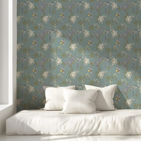 Carta da parati Uccelli, fiori e farfalle su sfondo grigio-blu, Parati fiori e piante classici, a00735 : Uwalls.it