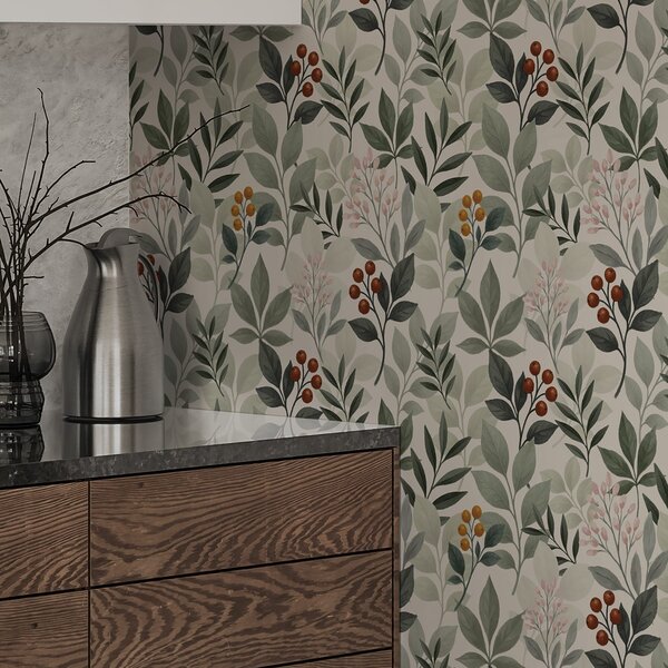 Carta da parati Foglie con bacche, sfondo chiaro, Parati fiori e piante classici, a00713 : Uwalls.it