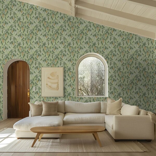 Carta da parati Rami con grappoli di bacche su sfondo verde, Parati fiori e piante classici, a00734 : Uwalls.it