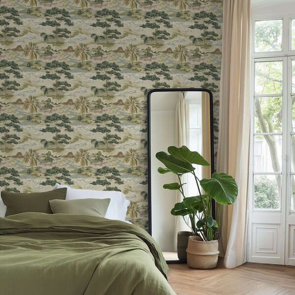Carta da parati Paesaggio con fiume, alberi e palme dai toni tenui, Parati fiori e piante classici, a00736 : Uwalls.it
