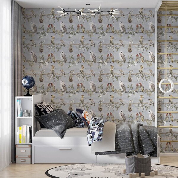 Carta da parati Uccelli su rami con fiori su sfondo grigio, Parati fiori e piante classici, a00738 : Uwalls.it