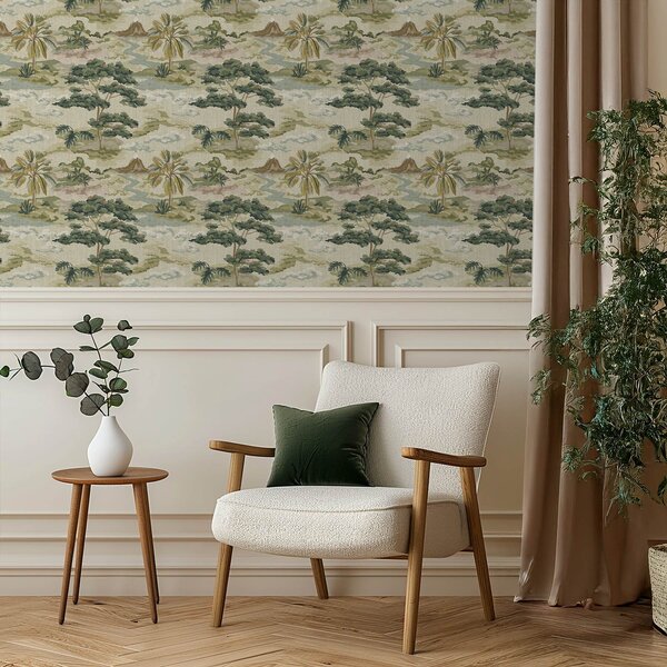 Carta da parati Paesaggio con fiume, alberi e palme dai toni tenui, Parati fiori e piante classici, a00736 : Uwalls.it