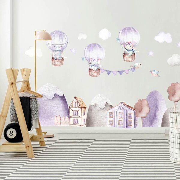 Adesivi murali per bambini - Colline viola con animali