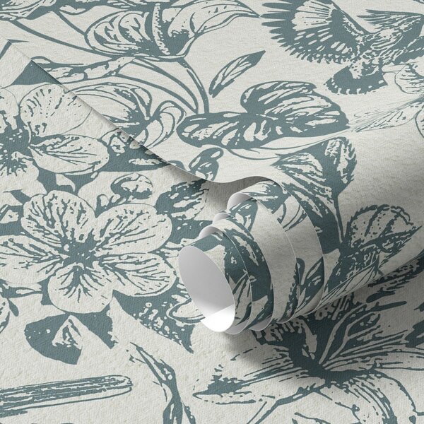 Carta da parati Ornamento floreale monocromatico con uccelli, Parati fiori e piante classici, a00737 : Uwalls.it