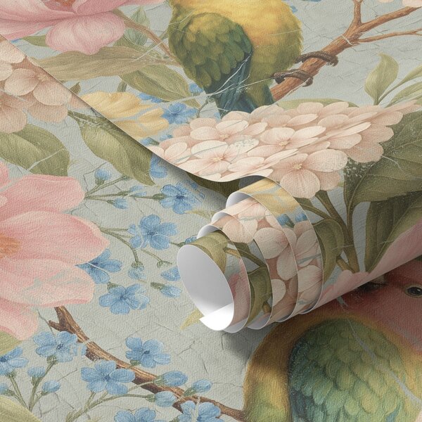 Carta da parati Pappagalli tra peonie, ortensie e magnolie, Parati fiori e piante classici, a00747 : Uwalls.it