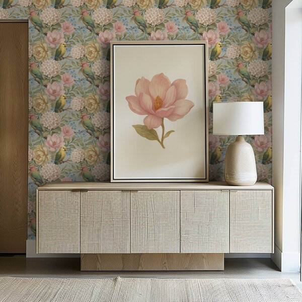 Carta da parati Pappagalli tra peonie, ortensie e magnolie, Parati fiori e piante classici, a00747 : Uwalls.it