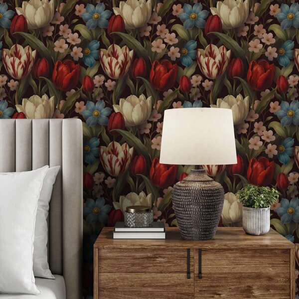 Carta da parati Tulipani luminosi e fiori blu su sfondo scuro, Parati fiori e piante classici, a00746 : Uwalls.it