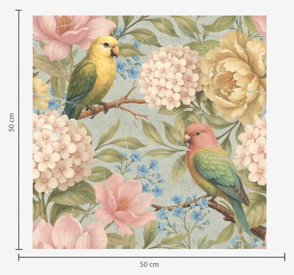 Carta da parati Pappagalli tra peonie, ortensie e magnolie, Parati fiori e piante classici, a00747 : Uwalls.it