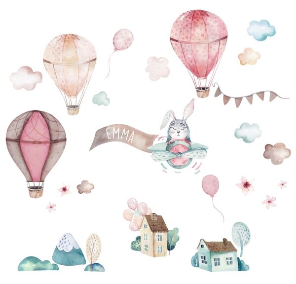 Adesivi murali bellissimi - Palloncini, conigli e case rosa