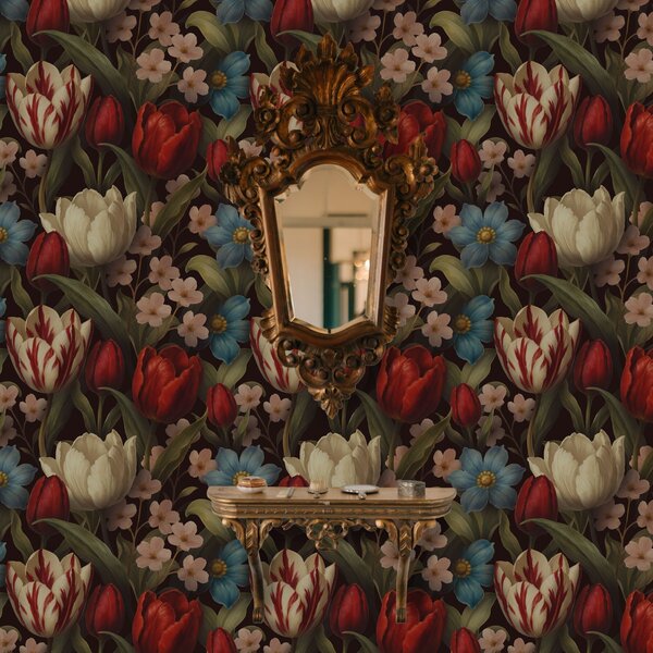 Carta da parati Tulipani luminosi e fiori blu su sfondo scuro, Parati fiori e piante classici, a00746 : Uwalls.it