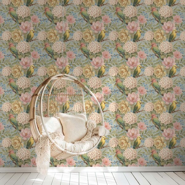 Carta da parati Pappagalli tra peonie, ortensie e magnolie, Parati fiori e piante classici, a00747 : Uwalls.it
