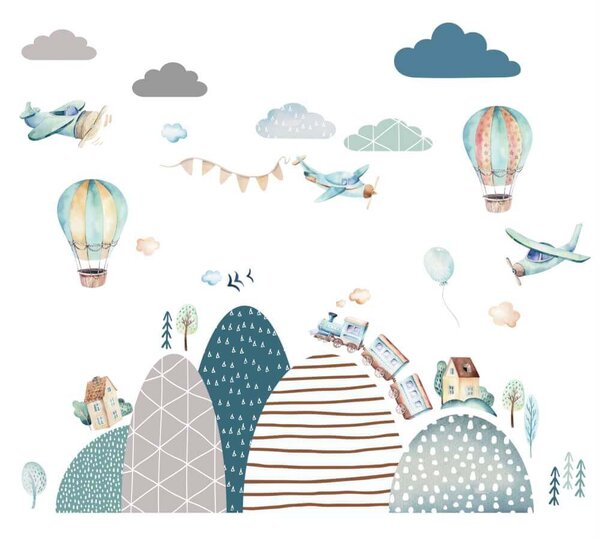 Adesivi murali per bambini - Palloncini blu e colline